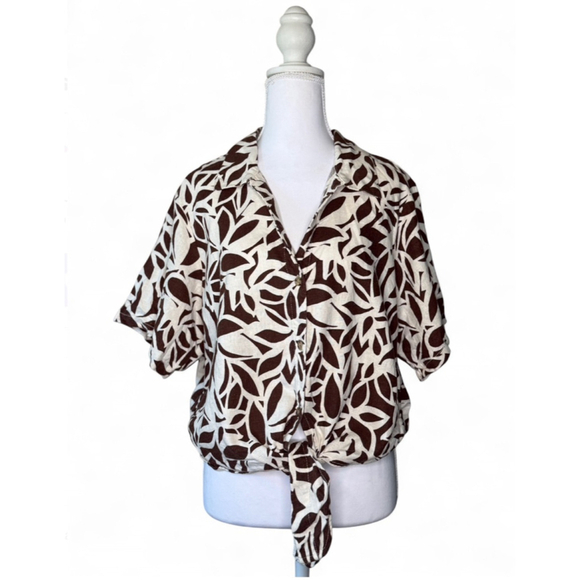 Sanctuary Tops - 🌿 Sanctuary Linen-Blend Leaf Print Tie-Front Top XL NWT